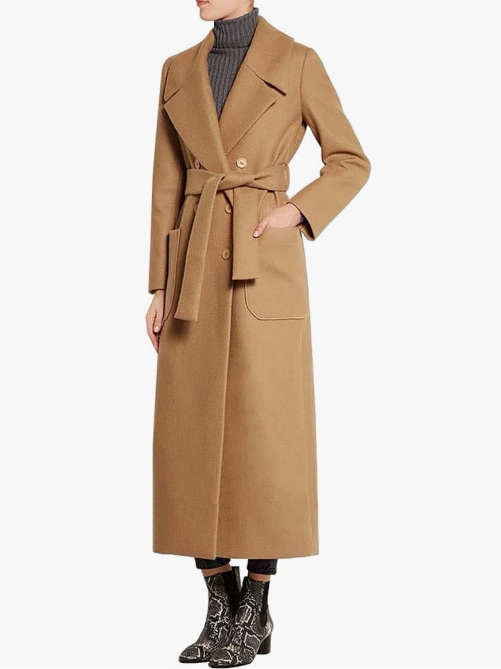 Elegant Lapel Collar Double Breasted Regular Wool Blend Overcoat Coat Belt